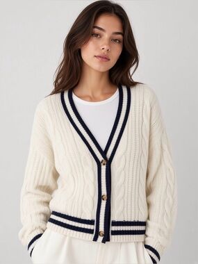 SO Goods For Life White Navy Varsity Cable Knit Cardigan Sweater | Size L